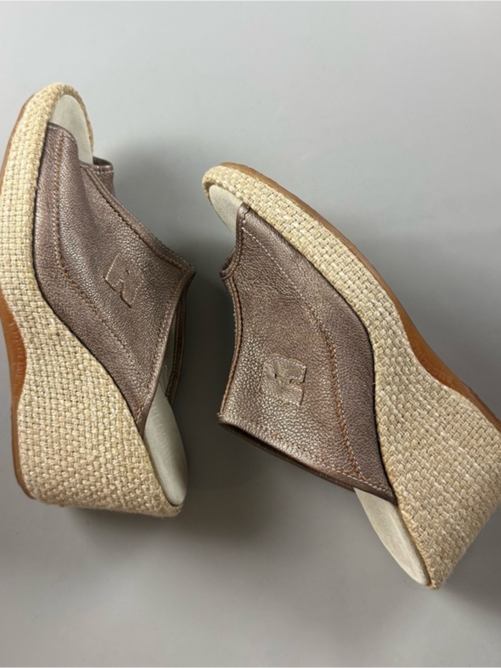 Rucoline Metallic Bronze Leather Espadrille Wedge Mules Shoes EU 39 US 8.5